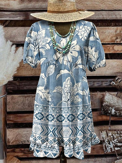Women's Blue Elegant Floral Print Casual Dress