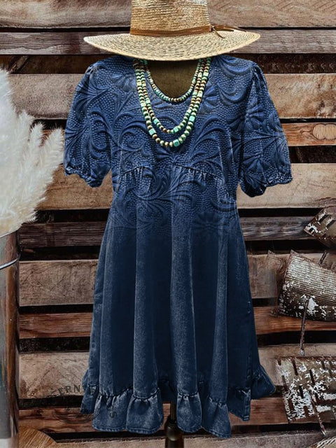 Women's Blue Embossed Pattern Print Dress