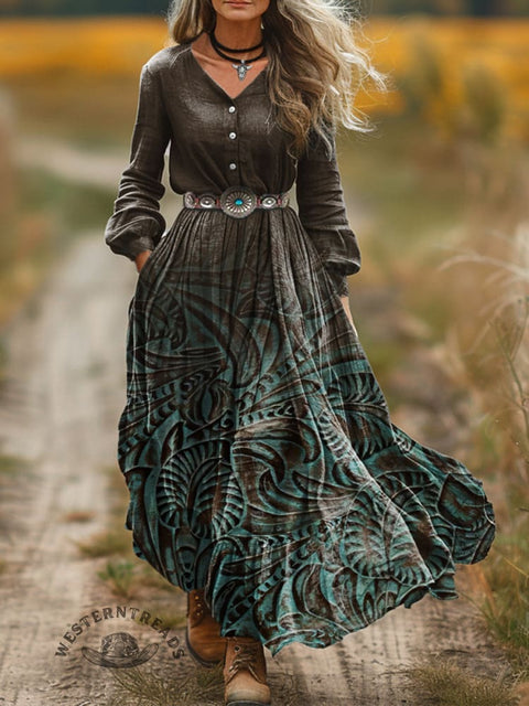 Women's Brown Gradient Print V-Neck Button-Up Dress