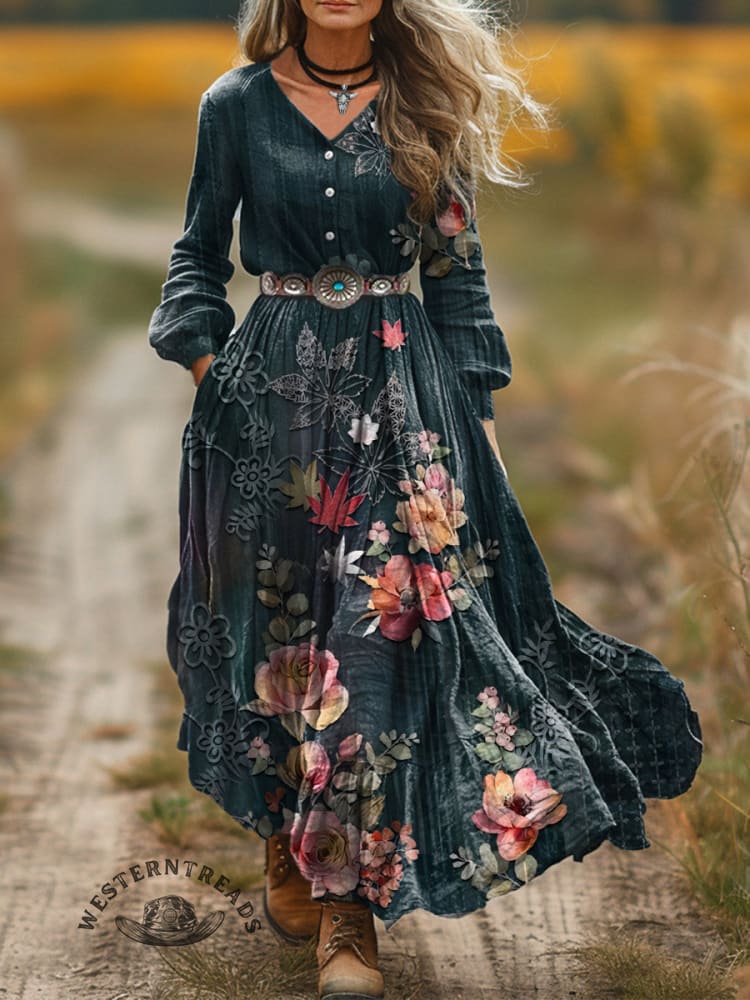 Women's Elegant Rose Print V-Neck Button-Down Maxi Dress