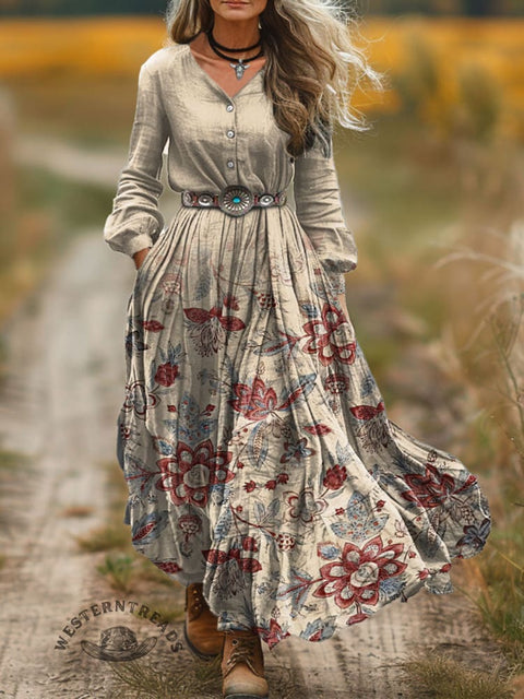 Women's Gradient Vintage Floral Print V-Neck Button-Down Maxi Dress