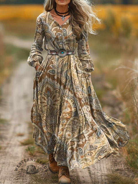 Women's Retro Floral Pattern Printed V-Neck Button-Down Maxi Dress