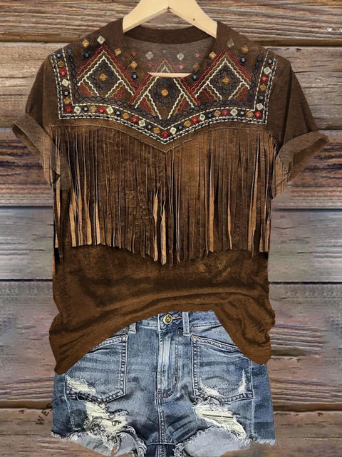 Denim Diamond Tassel Graphic Print T-Shirt