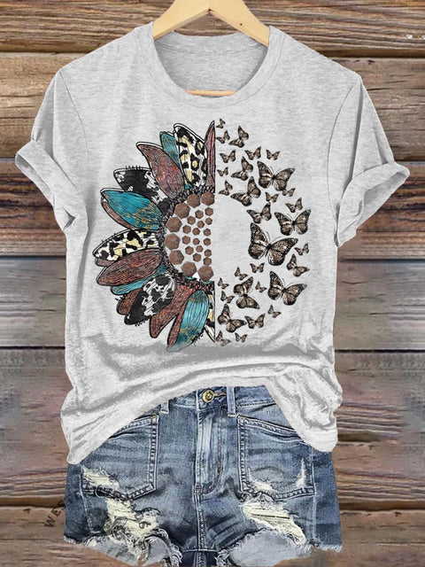 Wilderness Sunflower Butterfly Printed T-shirt
