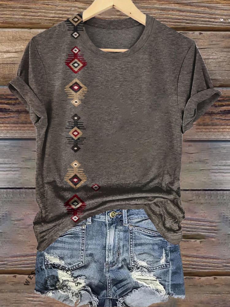 Simple Khaki Ethnic Print Casual T-shirt