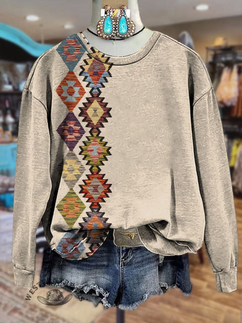Khaki Aztec Graphic Print Crew Neck Sweatshirt