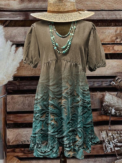 Women's Turquoise Gradient Print Round Neck Dress