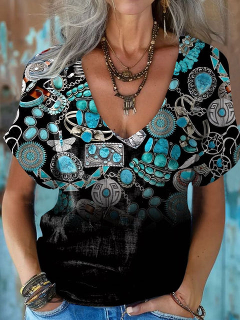 Women's Turquoise Jewelry Print Casual V-Neck Top