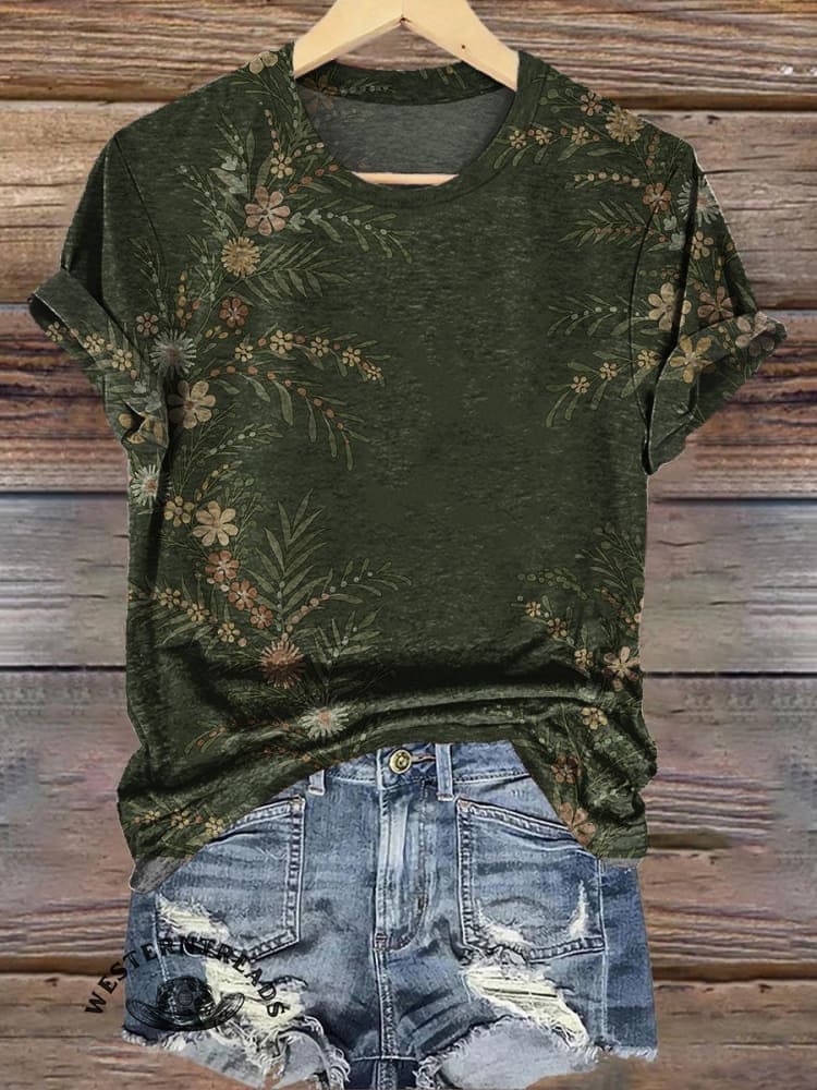 Simple Floral Art Print Casual V-Neck T-Shirt