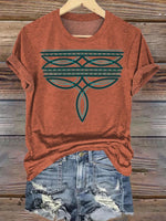 Western Cowboy Boots Stitch Print Crew Neck Sweatshirt