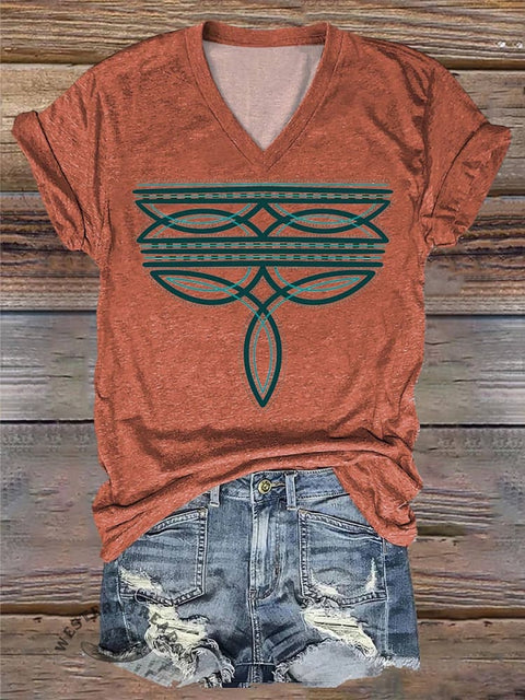 Orange Cowboy Boot Stitch Print Casual V-Neck T-Shirt