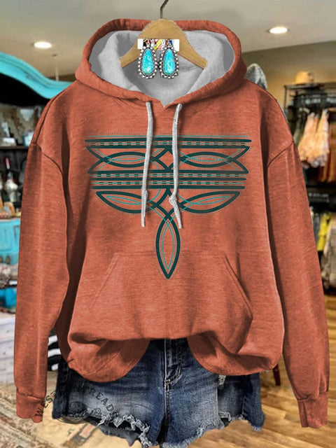Orange Cowboy Boot Stitch Print Casual Hooded Sweatshirt