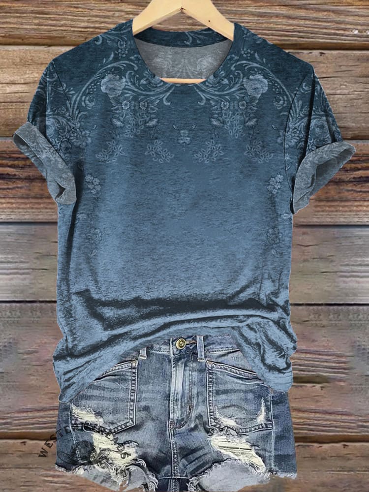 Vintage Blue Floral Gradient Printed Casual T-Shirt
