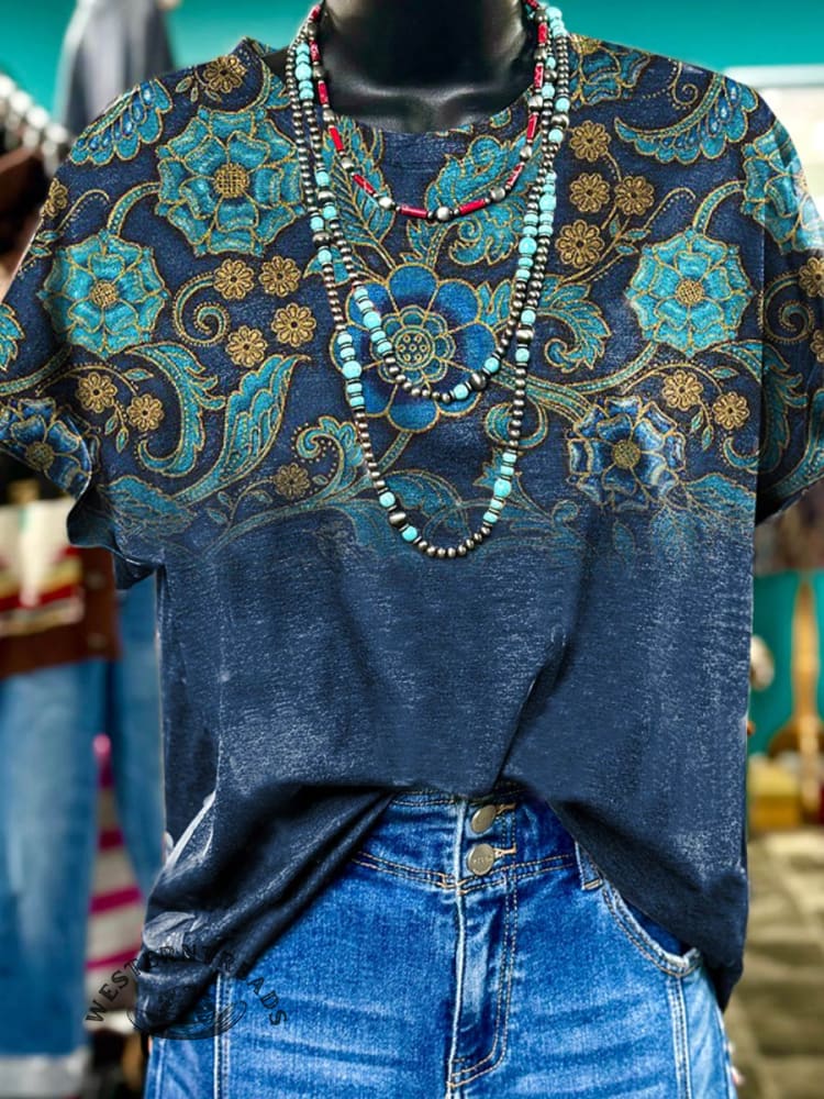 Retro Blue Floral Gradient Pattern Print Casual T-Shirt