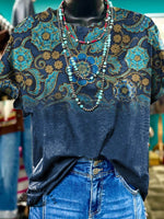 Retro Blue Floral Gradient Pattern Print Casual T-Shirt