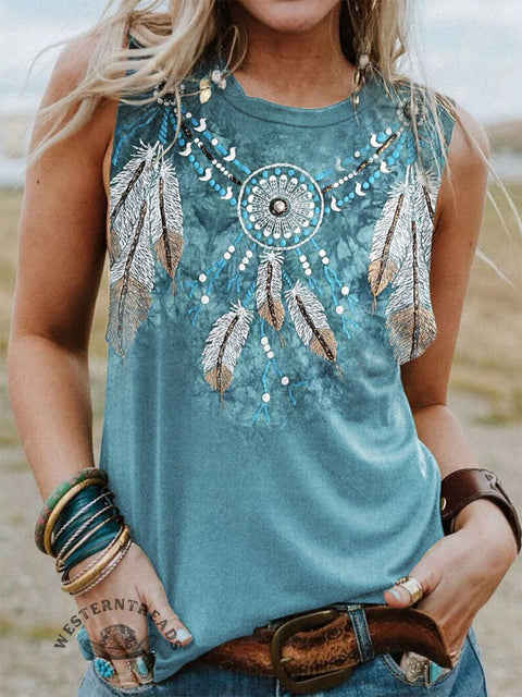 Blue Ethnic Feather Print Casual Tank Top