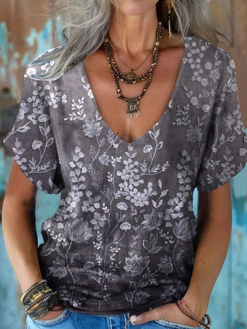 Women's Retro Floral Gradient Print Casual Tops
