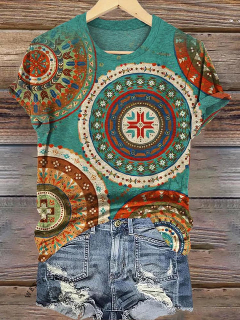Retro Turquoise Circle Pattern Print Casual T-Shirt