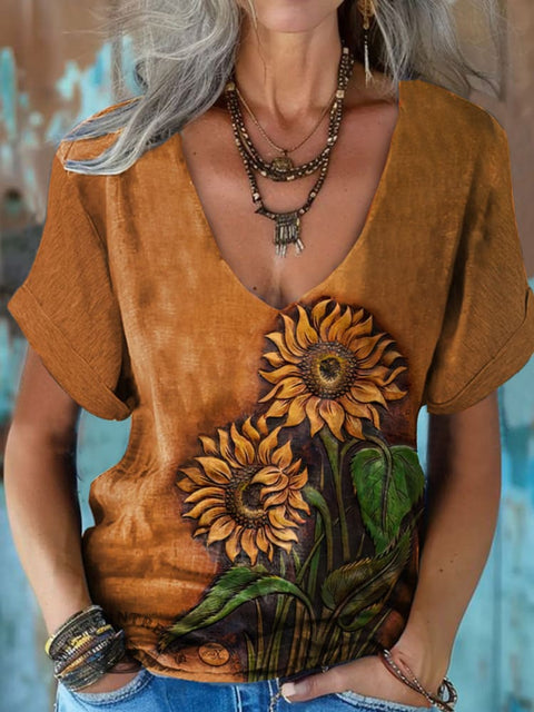 Women's Retro Sunflower Print Casual Top