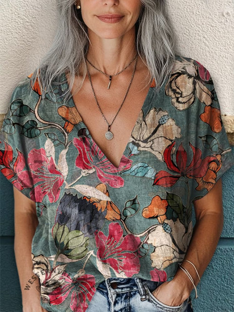 Women's Retro Floral Print Casual V-Neck T-Shirt