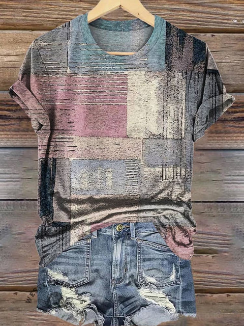 Retro Geometric Art Texture Printed Casual T-Shirt