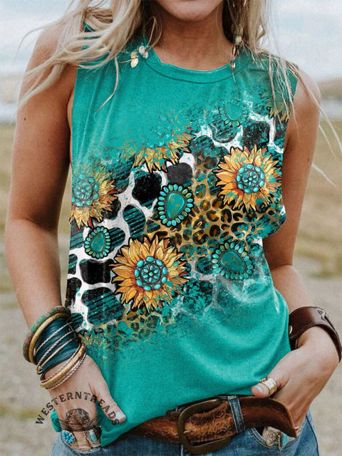 Turquoise Flower Spotted Pattern Printed Casual Tank Top
