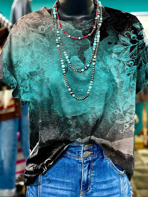 Simple Turquoise Texture Pattern Print Casual T-Shirt
