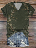 Simple Floral Art Print Casual V-Neck T-Shirt