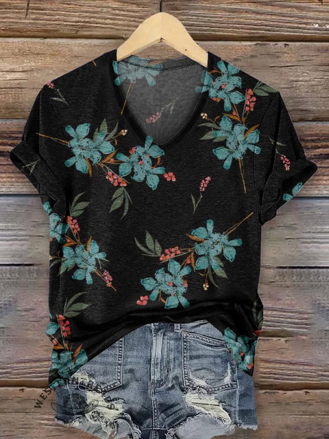 Women's Simple Floral Print Casual V-neck T-shirt