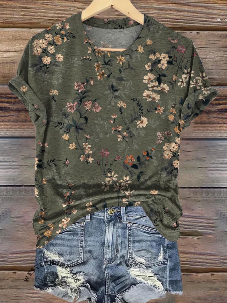 Retro Green Classic Floral Printed Casual T-shirt