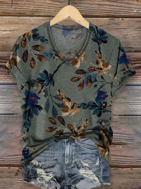 Women's Retro Floral Print Casual V-neck T-shirt