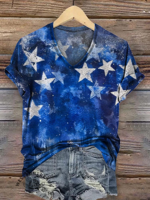 Women's Texture Stars Print Casual V-neck T-shirt