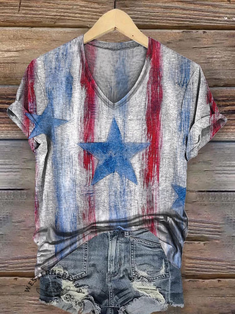 Women's Star Stripe Texture Print Casual V-neck T-shirt