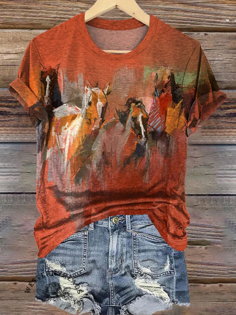 Western Horse Art Pattern Print Casual T-shirt