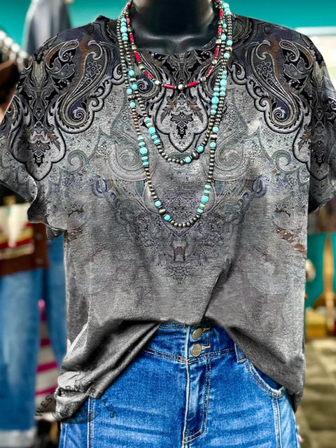 Retro Gray Peris Pattern Printed Casual T-Shirt