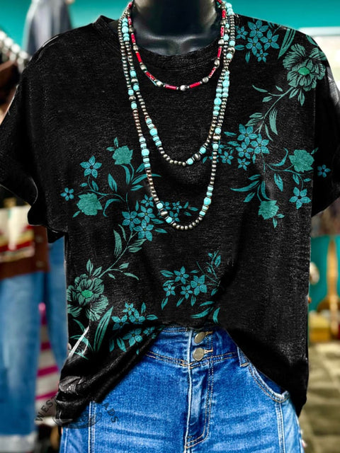 Simple Turquoise Flower Printed Casual T-Shirt