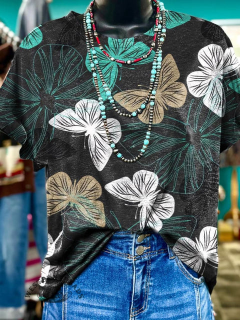 Simple Butterfly Flower Printed Casual T-Shirt