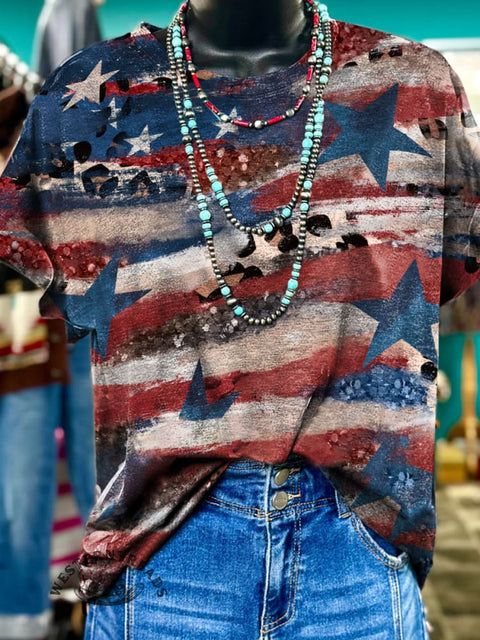Women's Retro Star Stripe Pattern Print Casual T-shirt