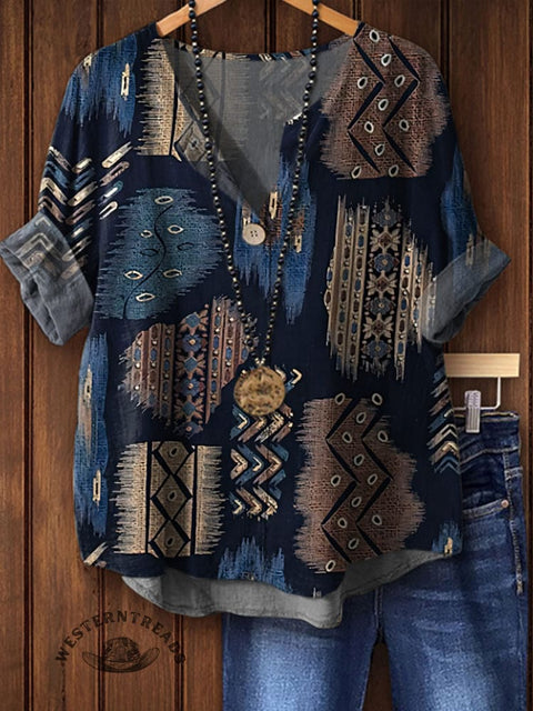 Women's Retro Pattern Art Print Casual Cotton Linen Shirt