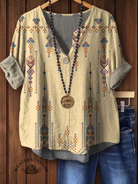 Women's Beige Simple Ethnic Print Casual Cotton Linen Shirt