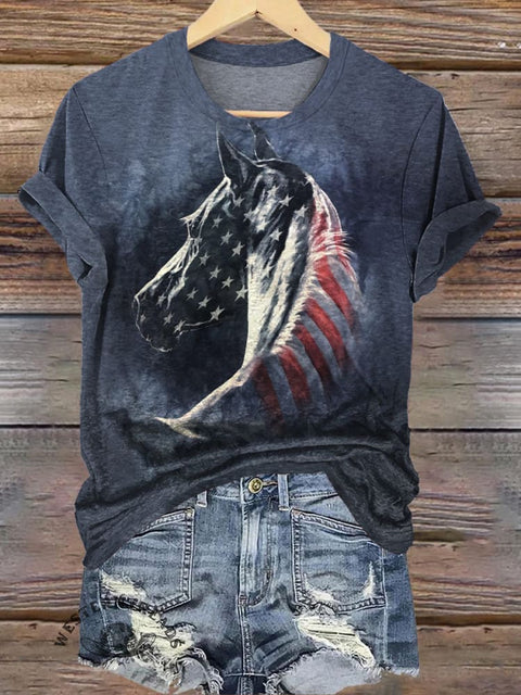 Star Stripe Horse Art Print Casual T-shirt