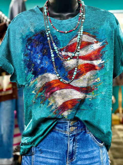 Women's Turquoise Star Stripe Heart Print Casual T-shirt