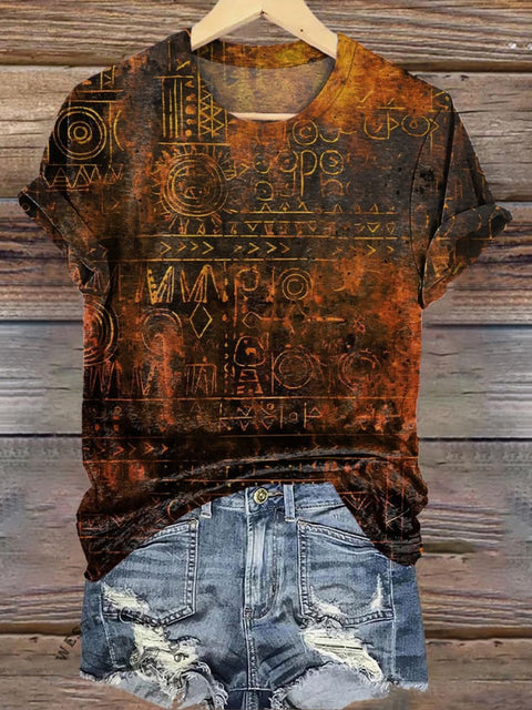 Retro Aboriginal Dark Pattern Print Casual T-shirt
