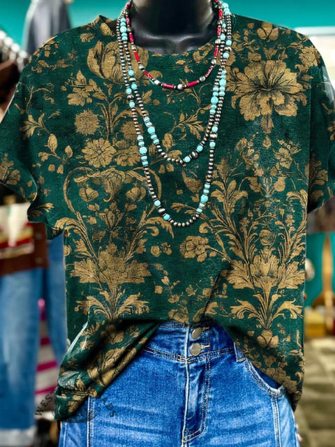 Green Elegant Pattern Floral Print Casual T-shirt