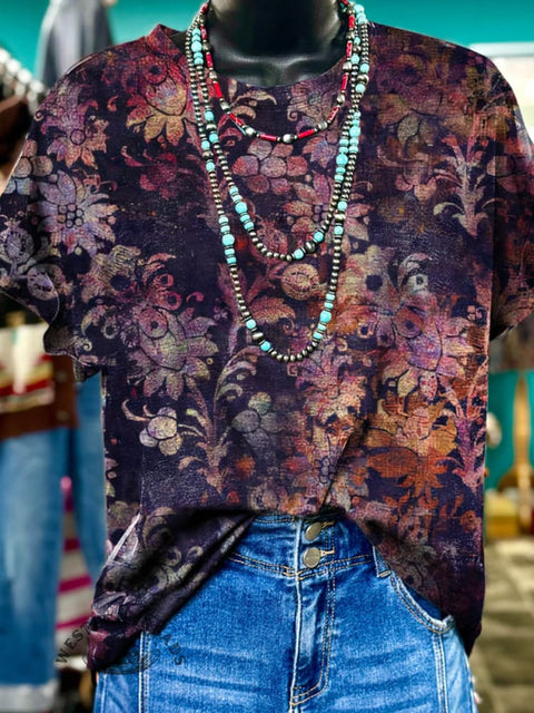 Purple Elegant Pattern Printed Casual T-shirt