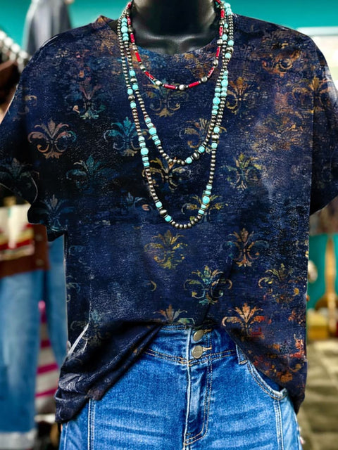 Blue Dark Pattern Print Casual T-Shirt