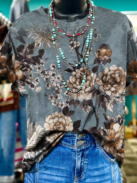 Blue Retro Floral Print Casual T-Shirt