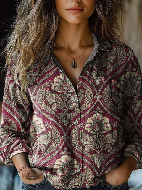 Women's Burgundy Artistic Pattern Printed Casual Shirt
