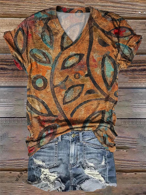 Leaf Texture Art Print Casual V Neck T-Shirt