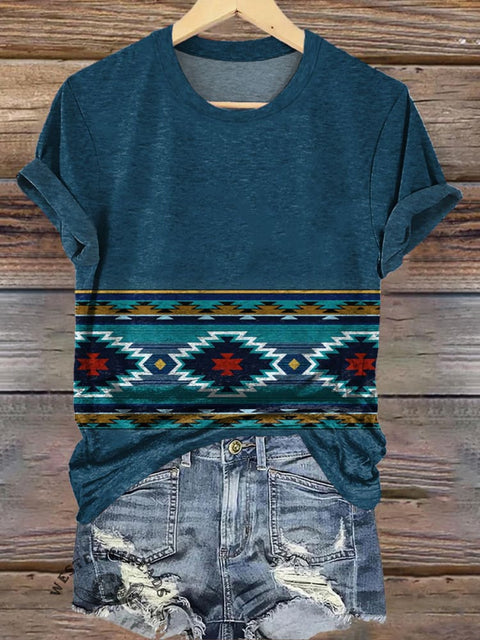 Simple Blue Aztec Print Casual T-Shirt